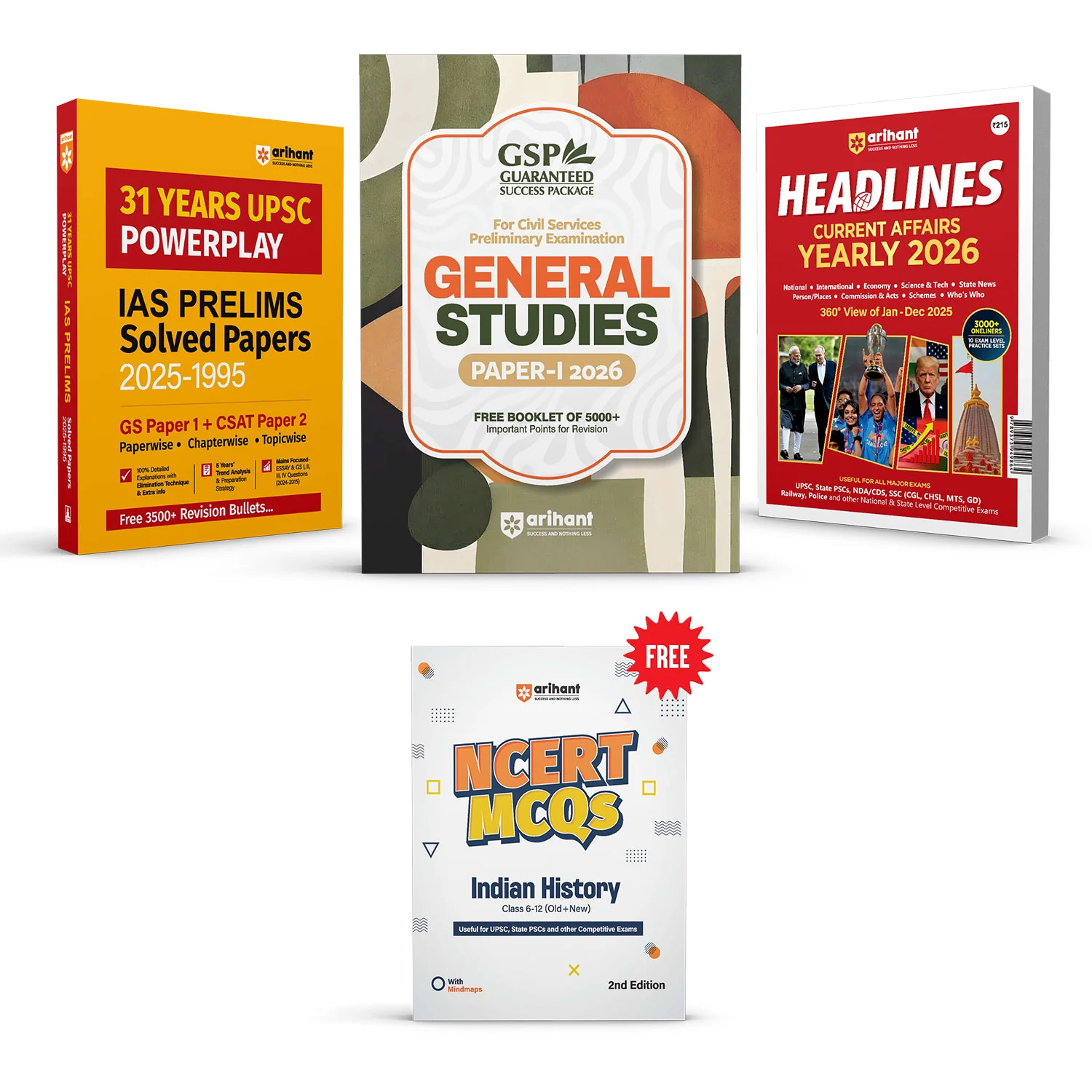 Combo of Guaranteed Success Package UPSC IAS Pre & State PCS & Headlines Current Affairs Yearly 2026 | General Studies Paper-1 & GS (Paper1) and CSAT (Paper2) Solved Papers (2025 - 1995) | With Free NCERT MCQs History | Hindi Medium