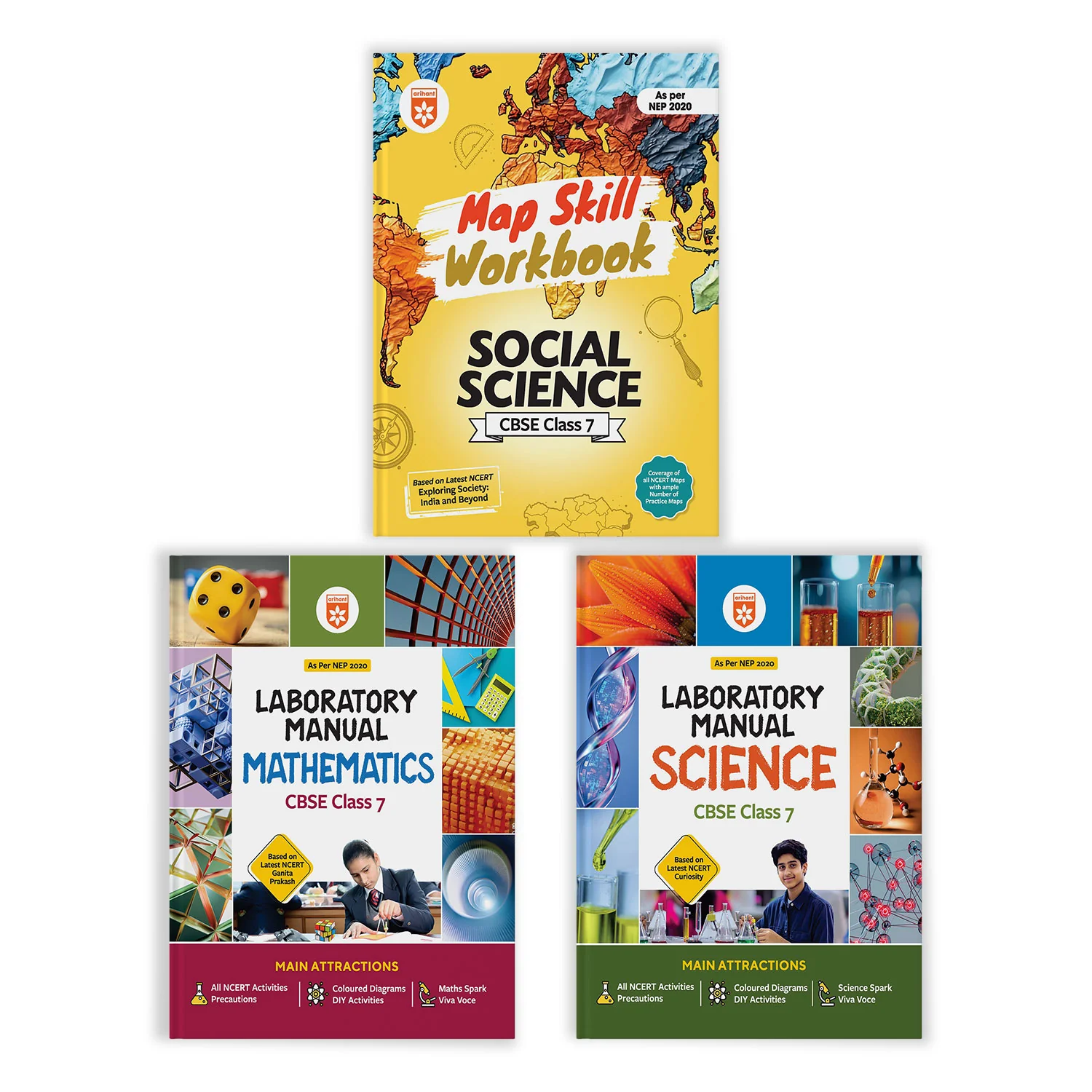 Combo of Lab Manual Mathematics, Science & Map Skill Workbook Social Science CBSE Class 7 | NEP 2020 Edition | English Medium