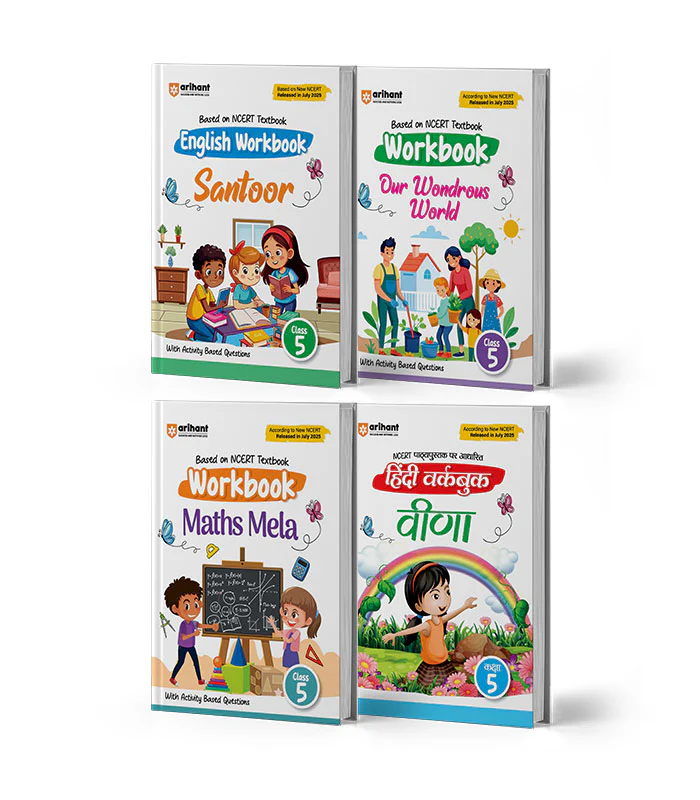 Combo of workbook Clas 5 | Veena Hindi, Santoor English, Maths Mela & Our Wondrous World | Based on New NCERT Released on April 2025